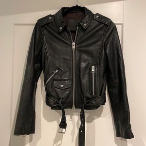 All Saints Black Leather Biker Jacket with Matte Silver Stars